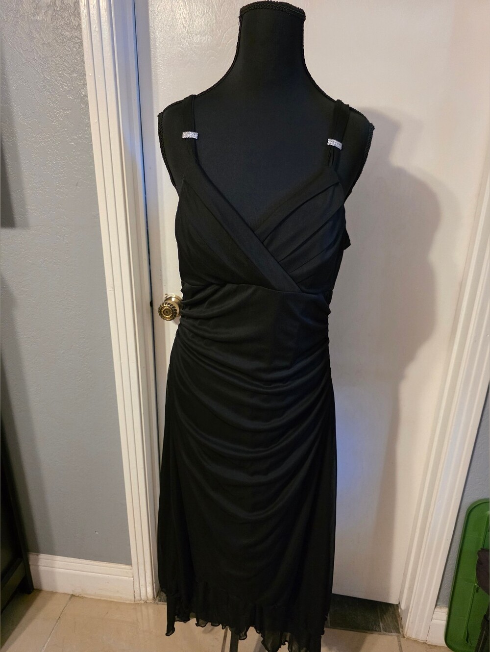 Black Ruched V-Neck Dress with Rhinestone Straps